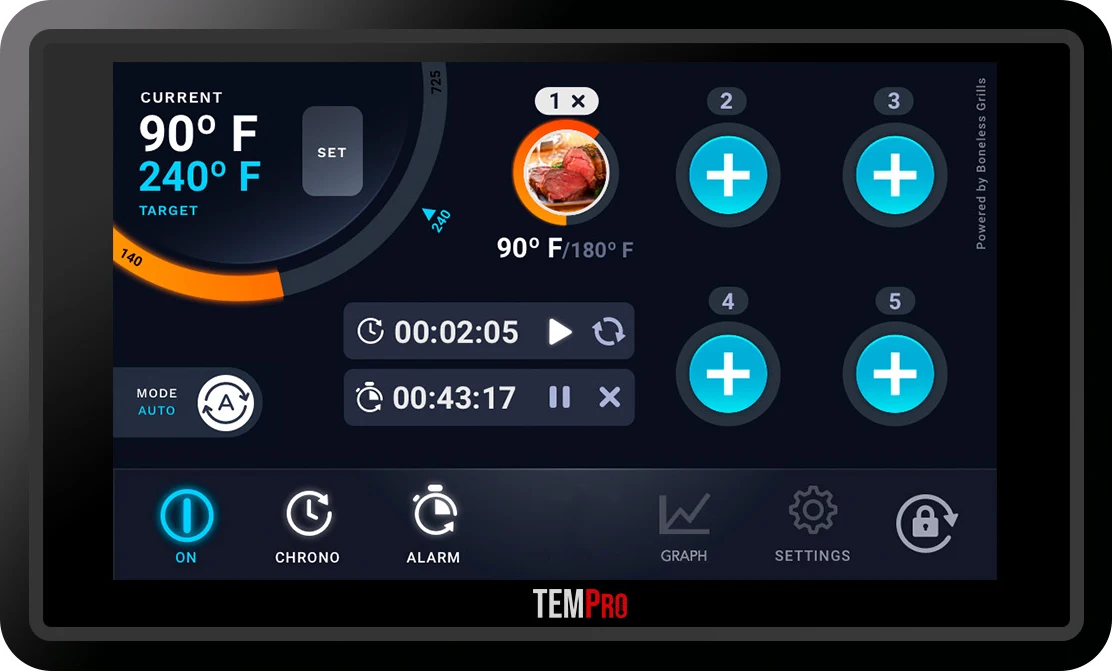 Pantalla del controlador TempPro con la temperatura de la parrilla, una sonda, temporizadores y cuatro huecos para sondas