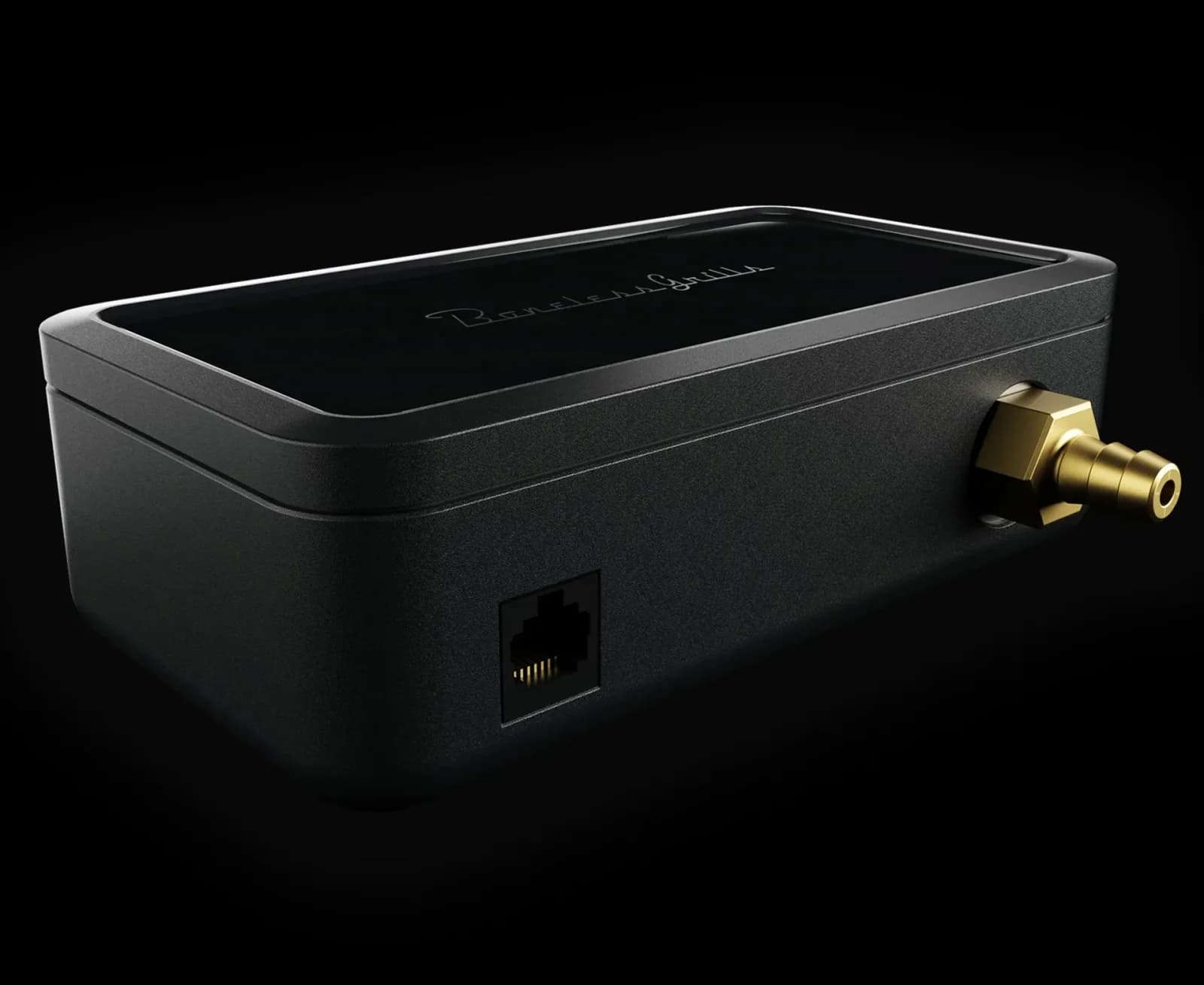Render de la válvula electrónica de gas de Boneless Grills: una caja de control negra con conexión de latón y un conector tipo RJ