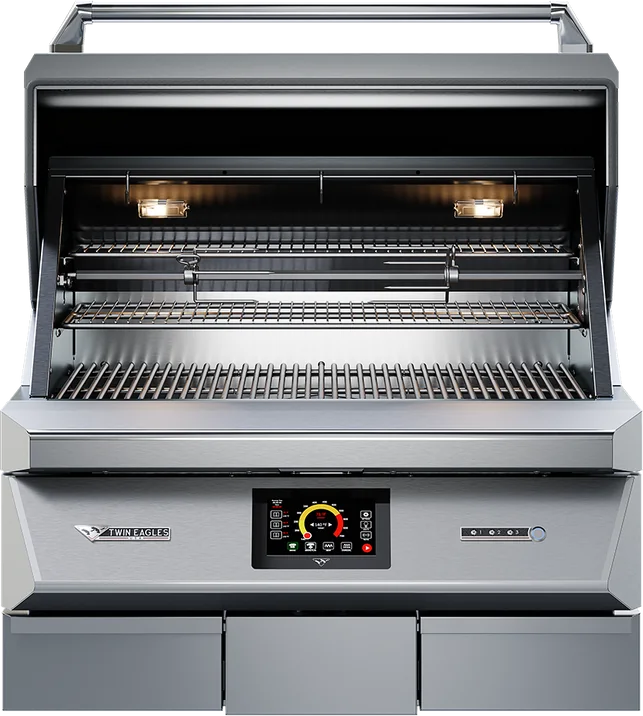 Barbacoa de pellets de acero inoxidable con la tapa abierta, las luces interiores encendidas y la pantalla de control en el frontal